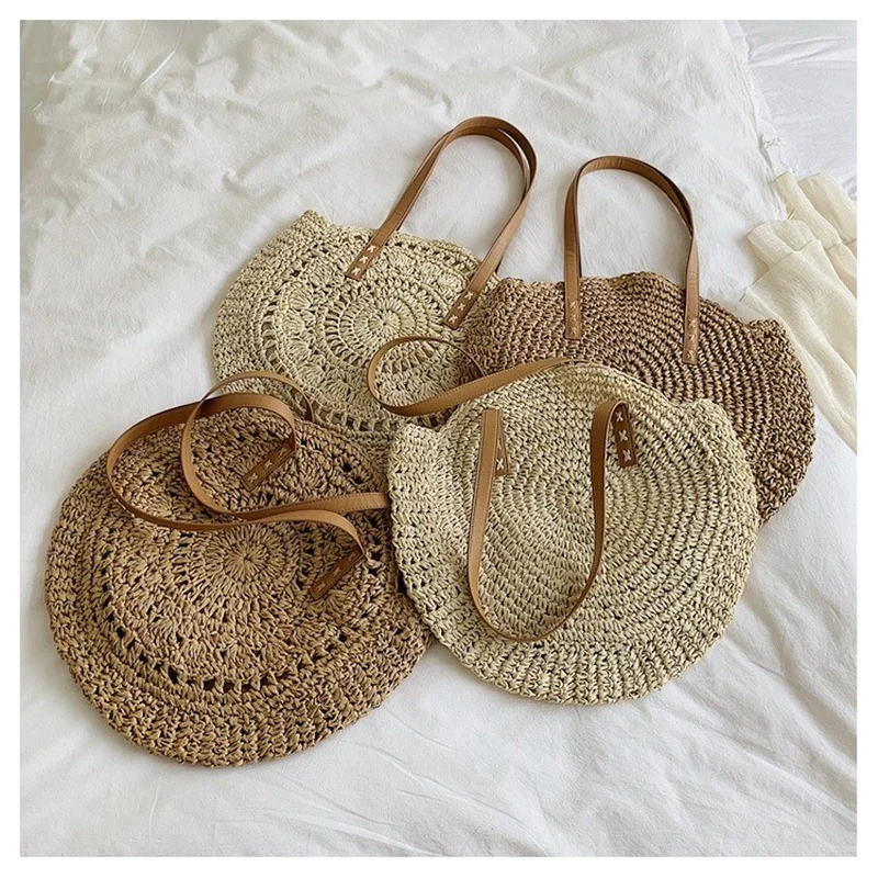 

Round Straw Beach Bag Vintage Handmade Woven Shoulder Bag Raffia circle Rattan bags Bohemian Summer Vacation Casual Bags