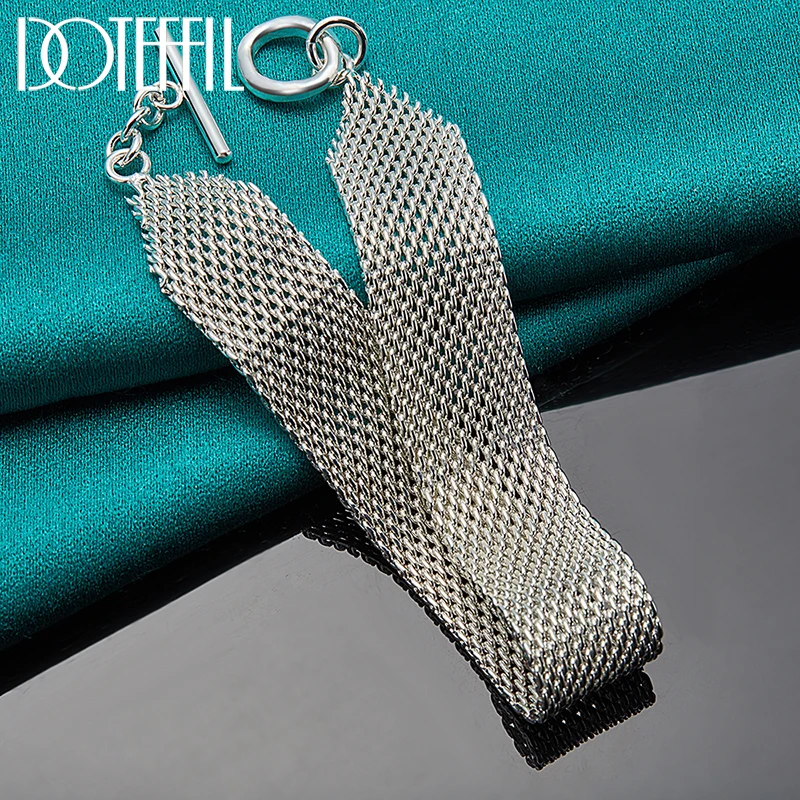 DOTEFFIL 925 Стерлинговое Серебро 18K золото Ремешок Сеть сетка цепь браслет для женщин