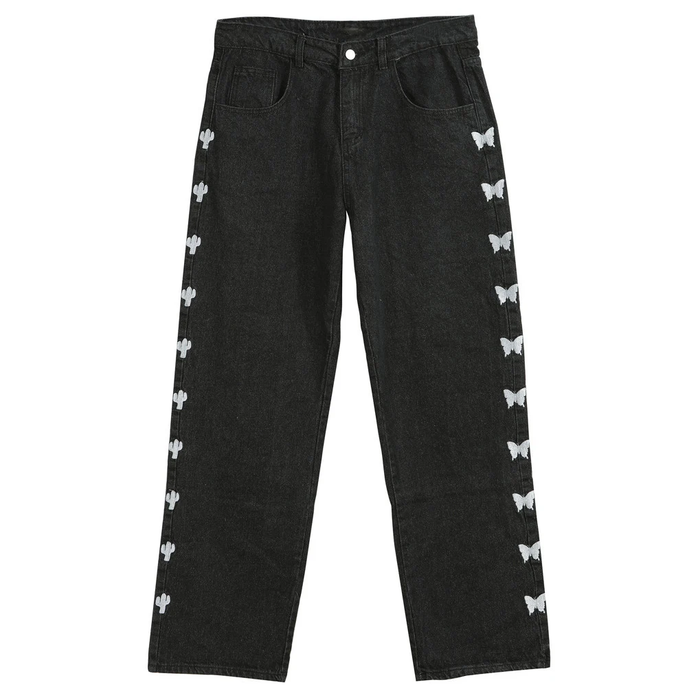 Men Hip Hop Streetwear Jeans Pants Butterfly Print Harajuku Cotton Men Trousers Men Embroidery Denim Pants