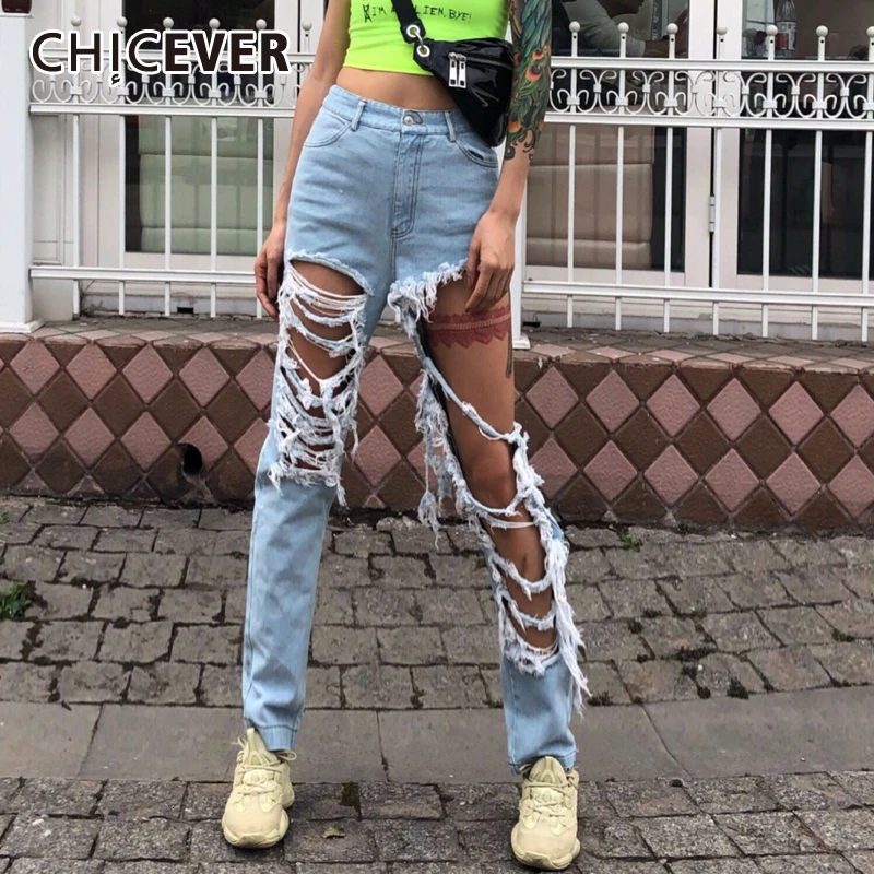 CHICEVER джинсовые брюки для женщин с высокой талией рваные джинсы бахромой женские
