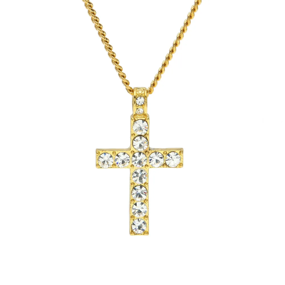 

Hip Hop Cross Pendant Necklace Bling White Zircon Steel Chain Religious Jewelry