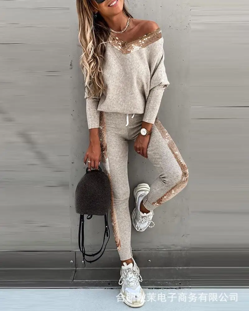 

New women's V-neck sequin stitching suit
