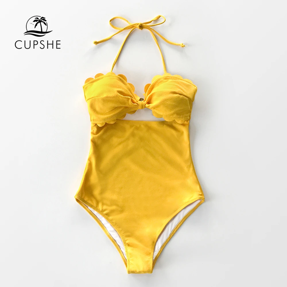 CUPSHE цельный желтый слитный купальник с волнистым вырезом на шее женский