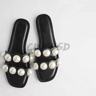 Сланцы женские с жемчугом элегантные шлепанцы ZA плоская подошва украшение