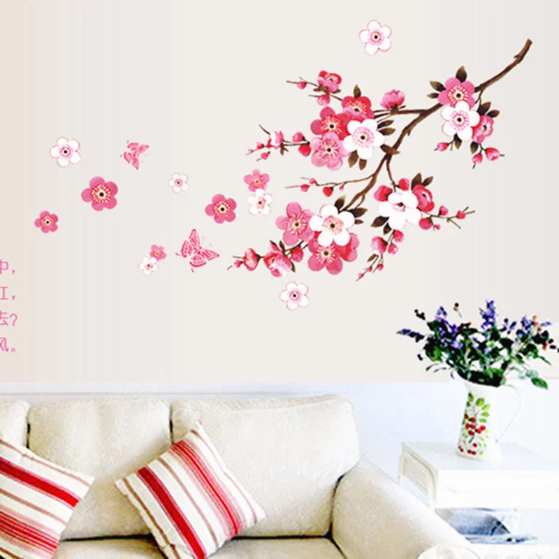 

Removable Room Peach Blossom Flower Butterfly Wall Stickers Pink Vinyl Art Decals Decor Mural Poster For Living Rooms Home Decor