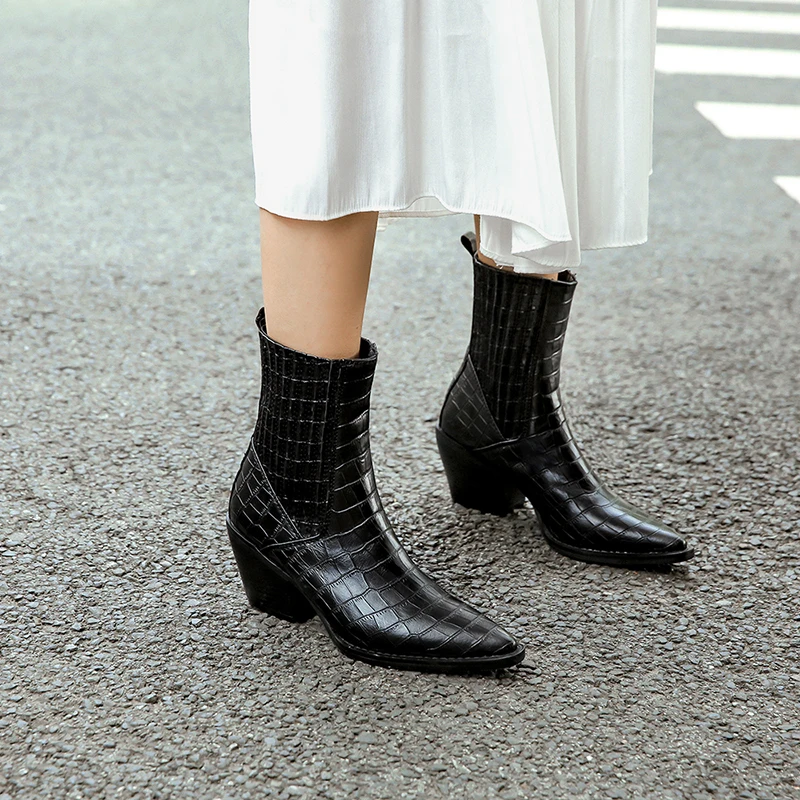 Brand Fashion Embossed Microfiber Leather Women's Ankle Boots Pointed Toe Western Cowboy Boots Women Wedges Riding Runway Boots