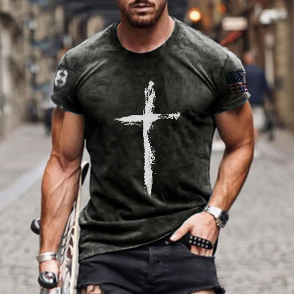 

Western Style Men's T-shirt Fashion Loose Casual 2021 Summer Retro Simple Cross Print Solid Color Round Neck Summer
