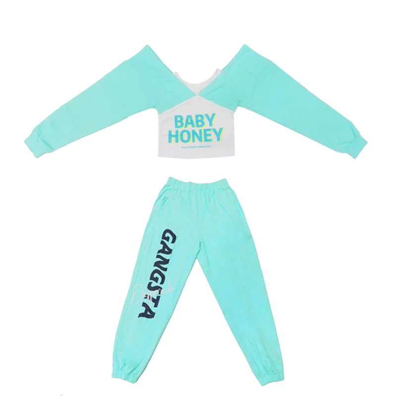 

New Boys Hip-Hop Dance Costumes For Kids Mint Green Sportswear Children Jazz Dance Costumes Girls Street Dance Rave Wear