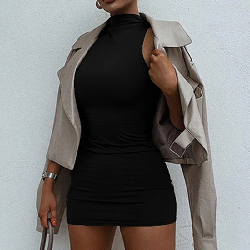 

Summer Solid Color Sleeveless Sexy Slim Bag Hip Dress