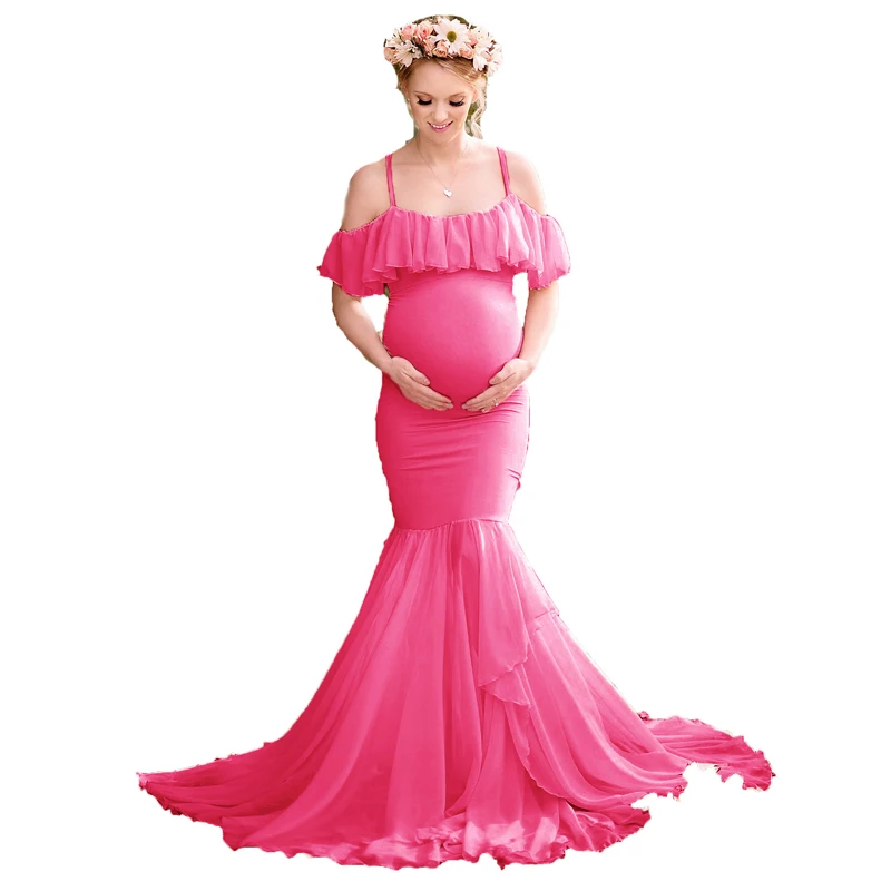 

Mermaid Maternity Dresses For Photo Shoot Pregnant Women Ruffles Pregnancy Dress Photography Props Off Shoulder Maxi Maternity