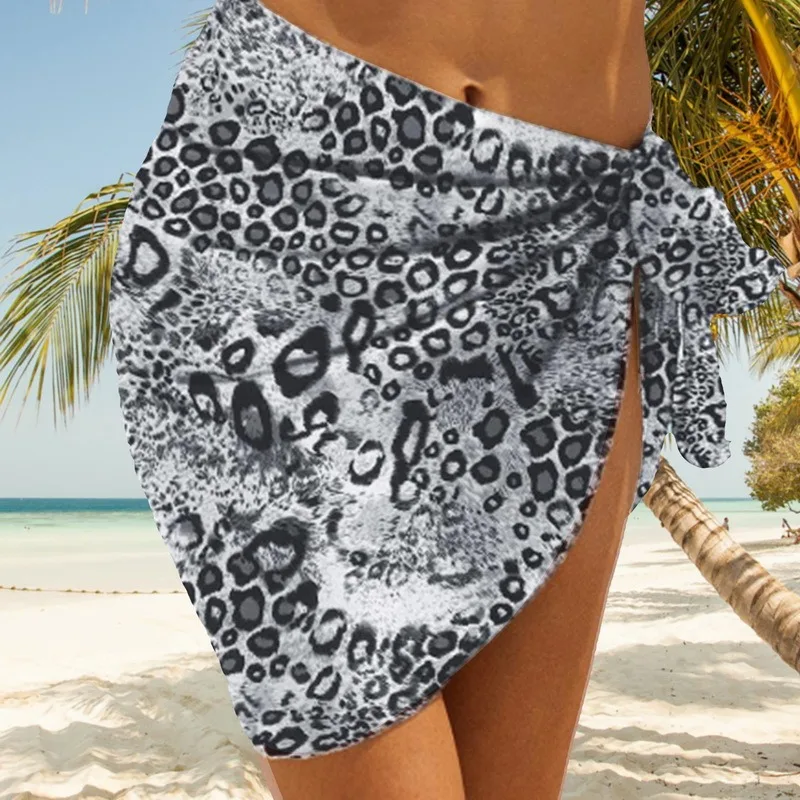 

Summer Beach Women Lace-Up Bikini Cover Up Sunset Coconut Tree Print Chiffon Sun Protection Leopard Wrap Skirts Bathing Shawl