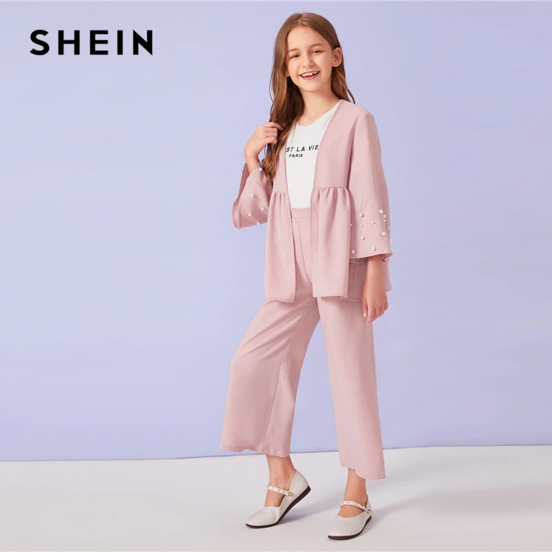 SHEIN Kiddie/розовое пальто с манжетами и широкими штанинами для девочек, комплект детской одежды г., Осенний повседневный костюм с длинными рукавами и оборками