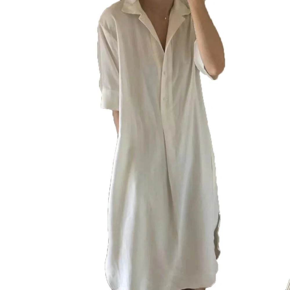 

2021 Summer New Korean Fashion Lace Lapel Solid Color Casual Loose Single-breasted Women's Dress Simplicity Sleeve