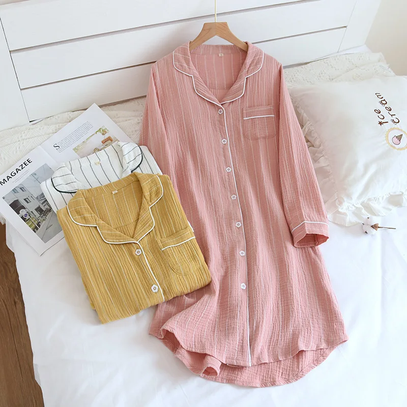 

Spring/summer Striped Long Sleeve Women's Nightdress Simple Large Size Double Layer Gauze Home Dress Simple Pijamas Women Set