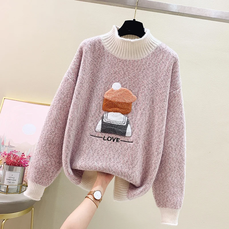 

Winter Women Chenille Thick Loose Pullover Sweater Cartoon Embroidered Sweater Students Sweet Girls Cute Sweater