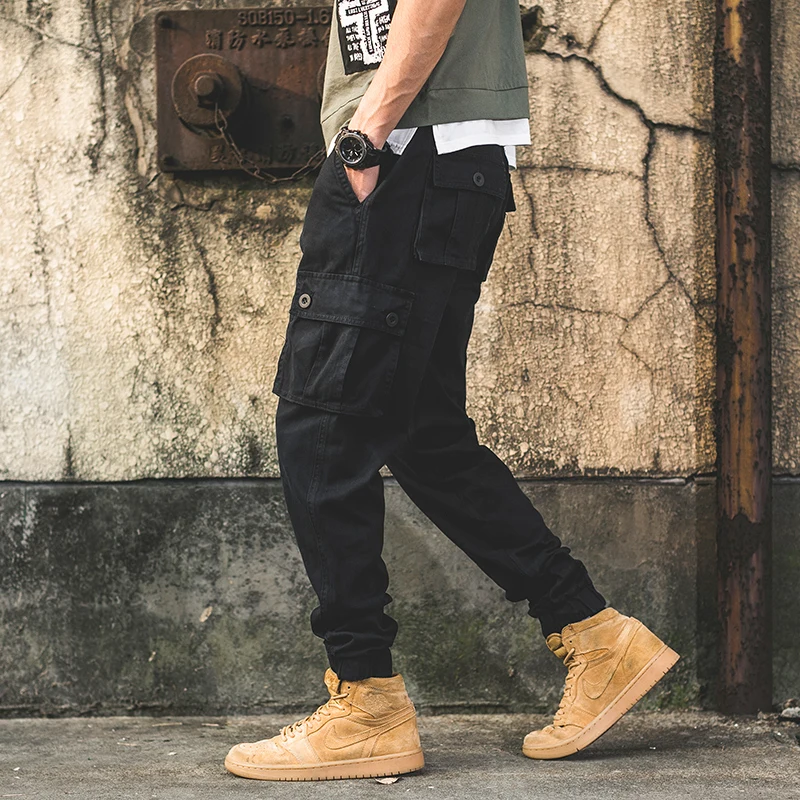 2021 черные брюки карго для мужчин с множеством карманов в винтажном стиле