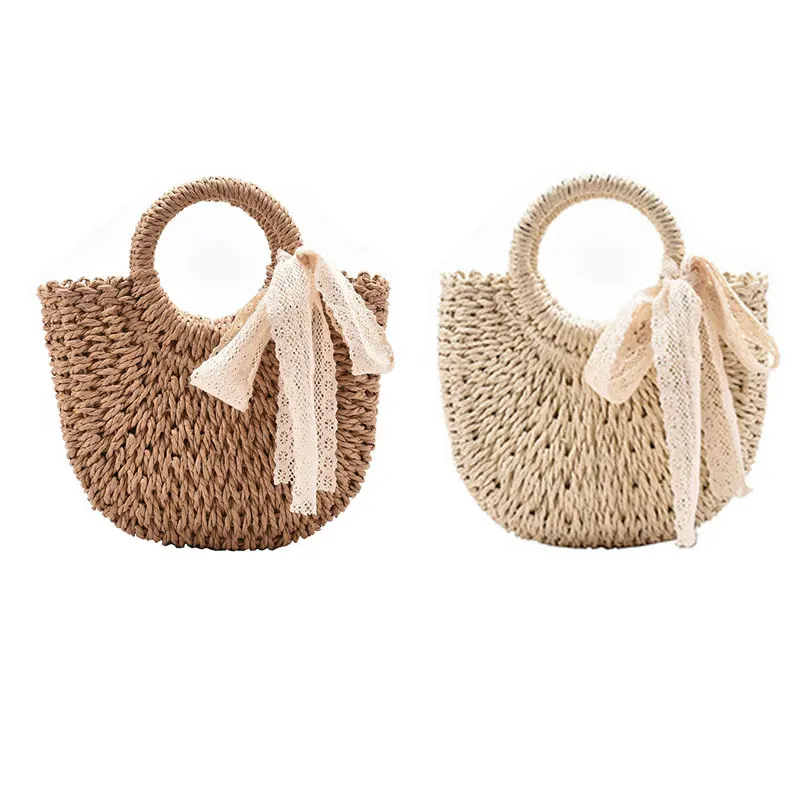 

New Straw Bag Women Hand-Woven Handbag Moon Shape Rattan Bag Big Capacity Drawstring Casual Travel Beach Shoulder Bag