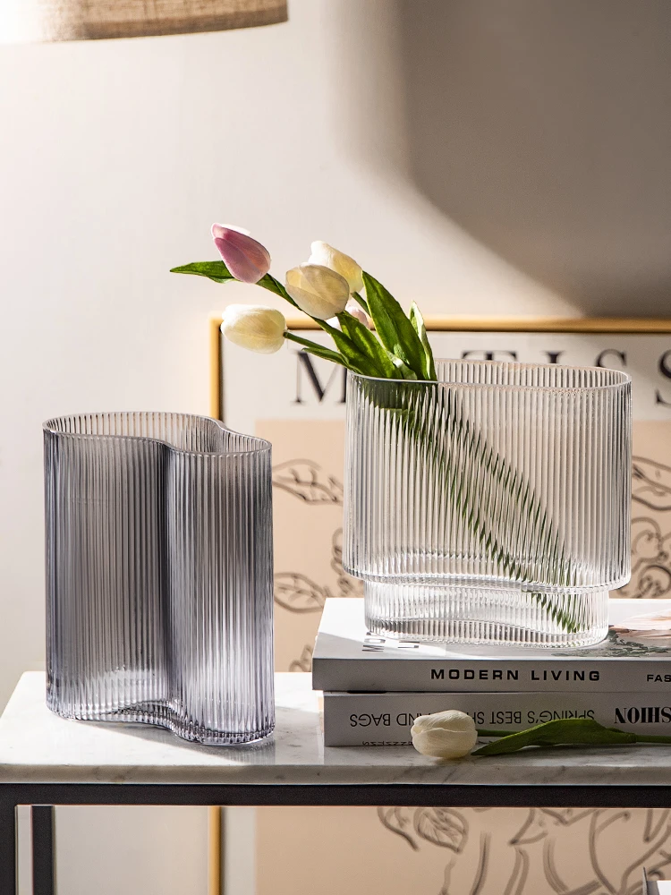 

BFE Glass Vase Transparent Gray INS Desktop Flower Pot Home Decoration Glass Bottle High Grade Jardiniere