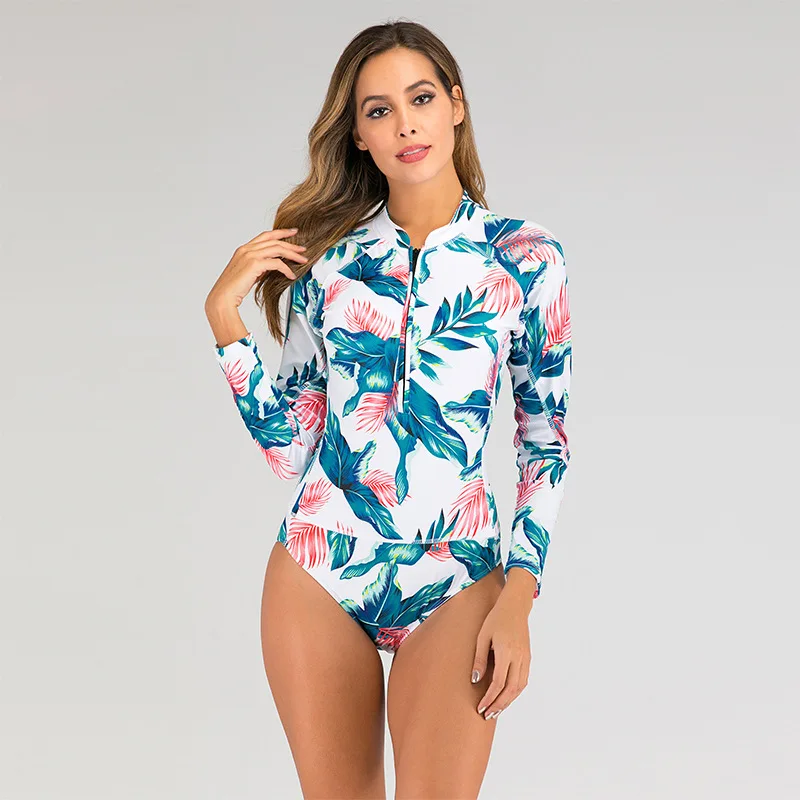 Buy 2021 Fashion Plant Print Surfing Suits Women Swimwear One Piece Swimsuit Long Sleeve Push Up Diving Clothe Pad Bathing Suit on