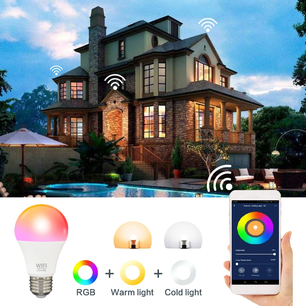 

Dimmable 15W B22 E27 WiFi Smart Light LED RGB Lamp TUYA App with Alexa Google Assistant Control Wake up Smart Lamp Night Light