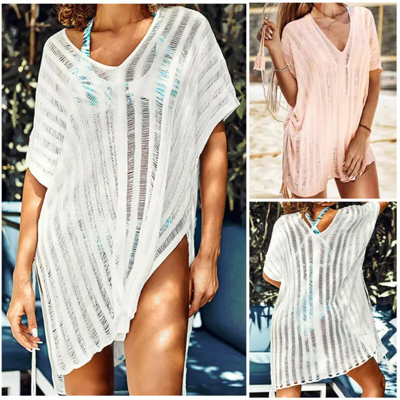 

Women Knitting Lace Hollow Out Crochet Bathing Suit Bikini Swimwear Cover Up Loose Side Split Dress Plus Size Beach Dress Summer