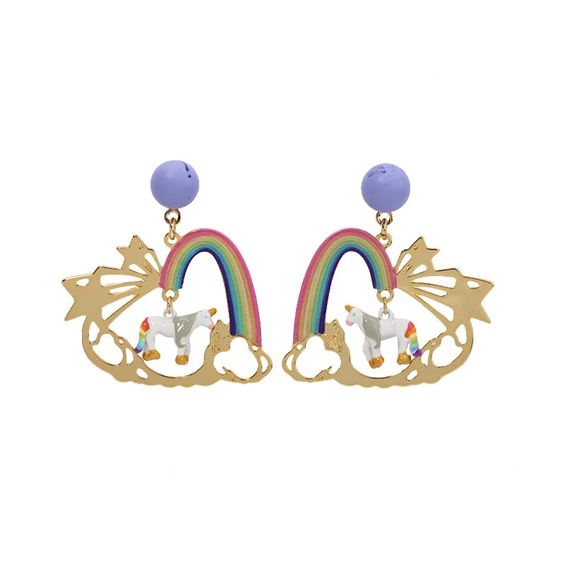 

Shangxin Rainbow Unicorn Golden Star Rainbow Earrings Without Pierced Ear Clip Stud Earrings European and American Simple Female