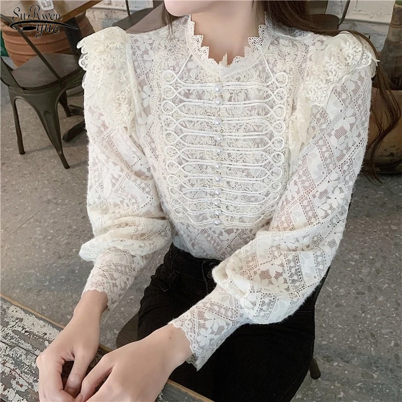 

French Retro Palace Lace Shirt Spring Long Sleeve Tops Luxury Elegant Hook Flower Hollow White Blouse Lady Vintage Clothes 13300