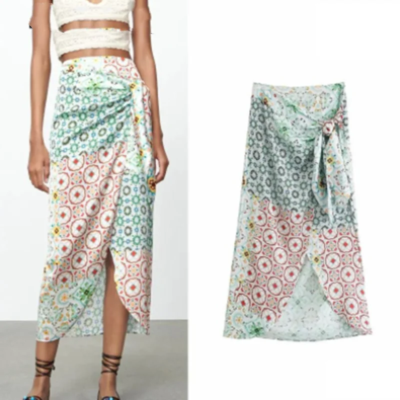 

Summer Woman Midi Skirt Za 2021 Fashion Knot Print Sarong Skirts Vintage High Waist Slit Hem Front Pareo Wrap Chic Skirts Women