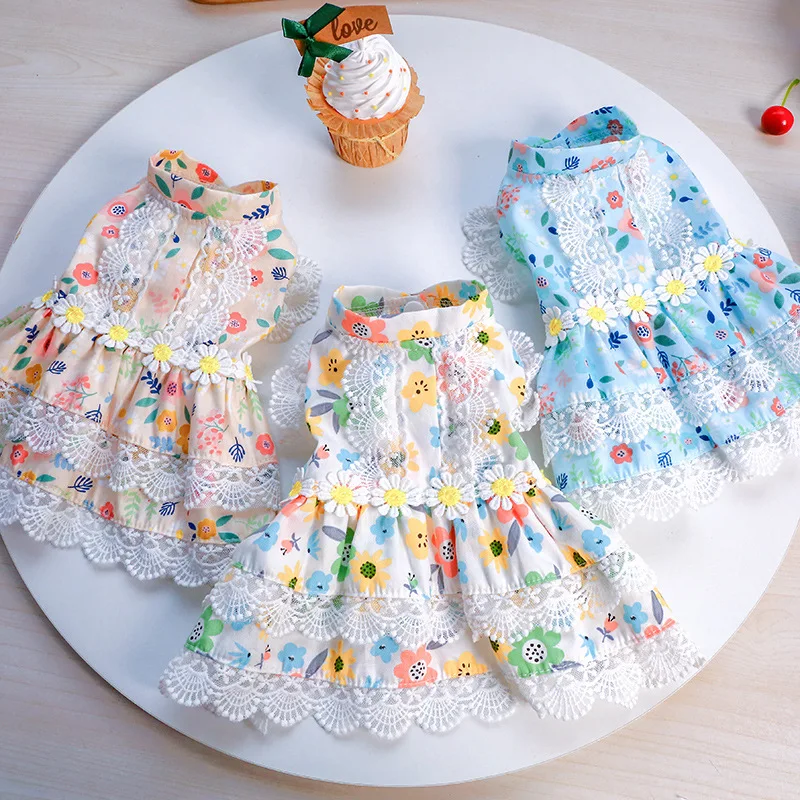 

Floral dress dog Clothes skirt Super for dogs Clothing pet Outfits spring summer cotton Yorkies Print blue girl ropa para perro