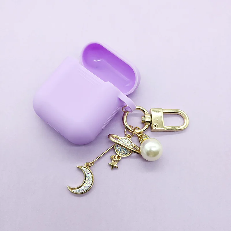 Purple Корейский Роскошный силиконовый чехол с алмазной луной для Apple Airpods, чехол, аксессуары, Bluetooth наушники, защитная крышка, жемчужное кольцо для ключей - Цвет: Purple