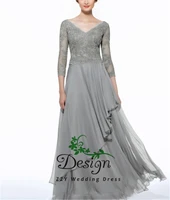 gray 34 sleeves chiffon v neck lace appliques asymmentric custom made full length elegant dress wedding guest dresses for women