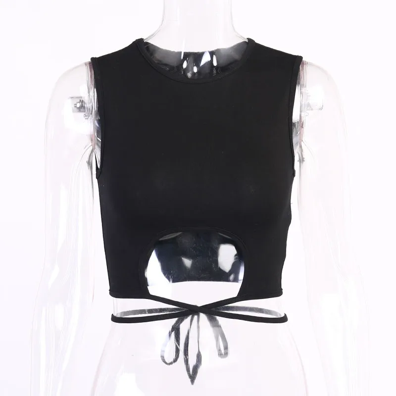 

Y2k Aesthetic Crop Top Corset Tank Solid Color Vest Sexy Round Neck Hollow Bandage Exposed Navel Bottoming Sleeveless 2021