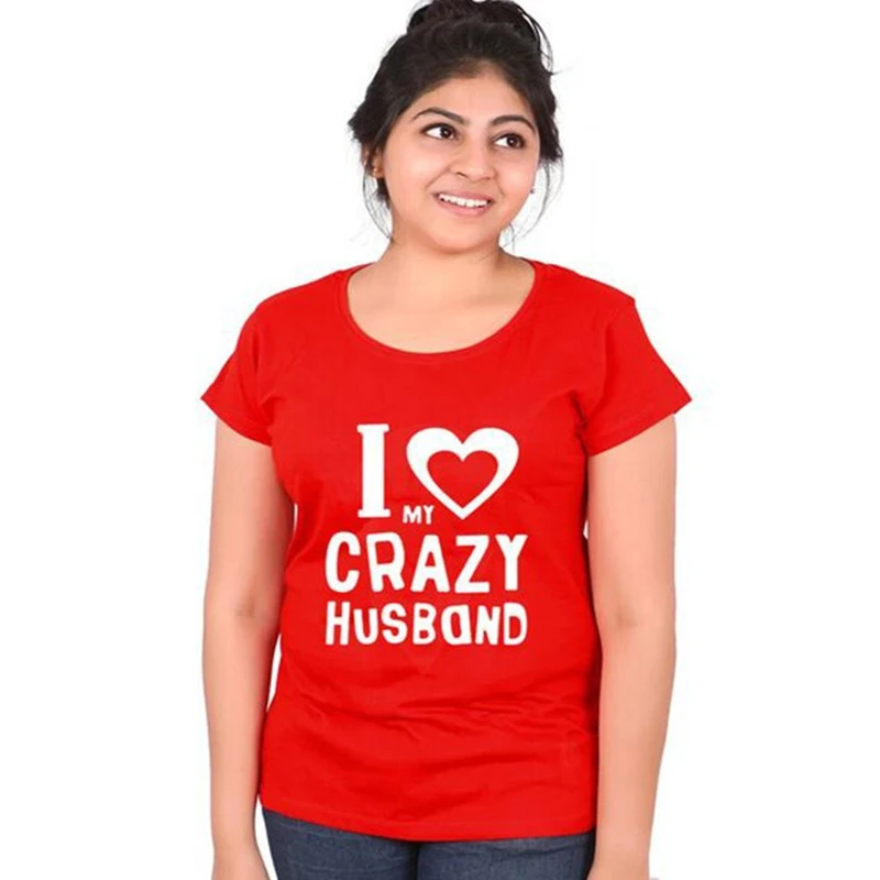 I Love My Crazy Husband Wife Printing Sweet Couple Fashion Couple T-shirt Round Collar Short Sleeve Pullover Tops Summer T shirt