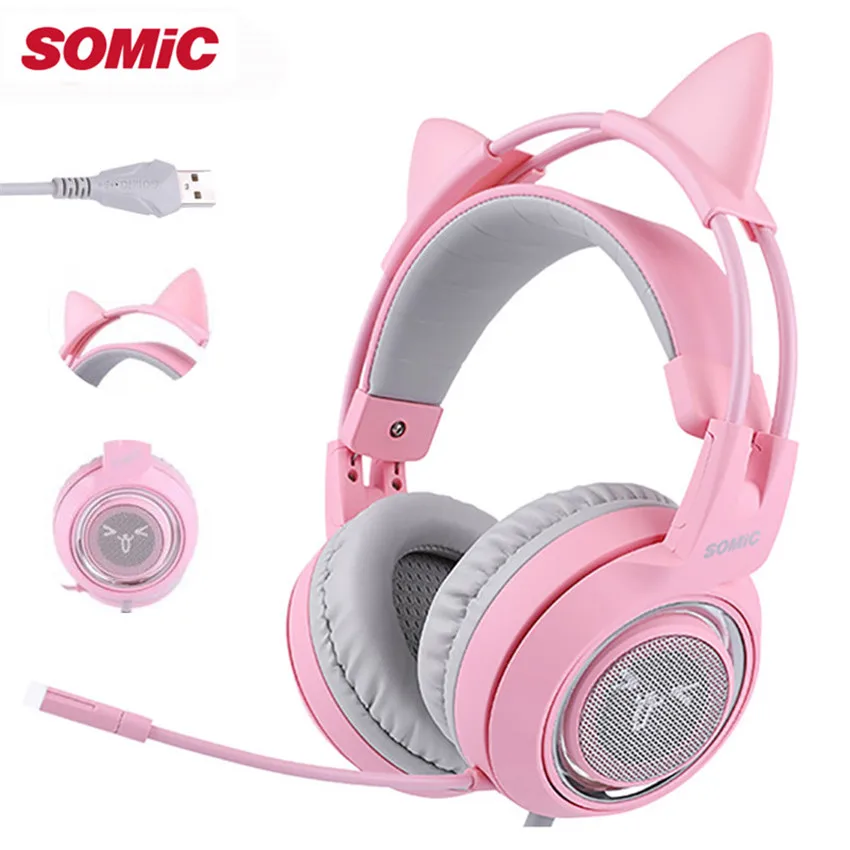 en Ucuz SOMIC G951 USB 7.1 Kulaklık Surround Ses Oyun Kulaklık Bas Casque Ile Kedi Kulak Mic PC Için Titreşimli Dizüstü Pembe çocuklar Kız
