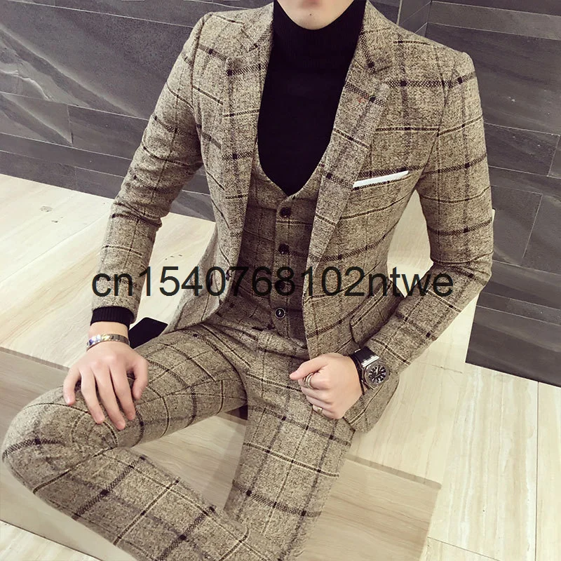 

2021 large British gentleman Plaid Wool Suit men's suit three piece three color suit