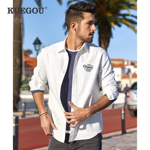 KUEGOU 2022, Весенняя белая рубашка из 100% хлопка с принтом, мужская повседневная приталенная рубашка на пуговицах с длинным рукавом для мужчин, модная одежда 6215