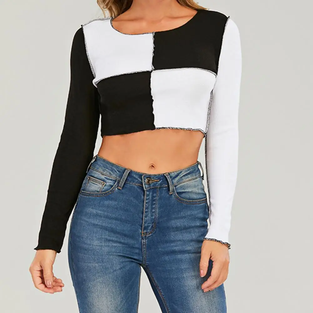 

Woman Blouse Spring Colorblock Crop Tops Long Sleeve Slim Patchwork Casual Blouse Shirts Ladies Fashion Tops Blouses Female