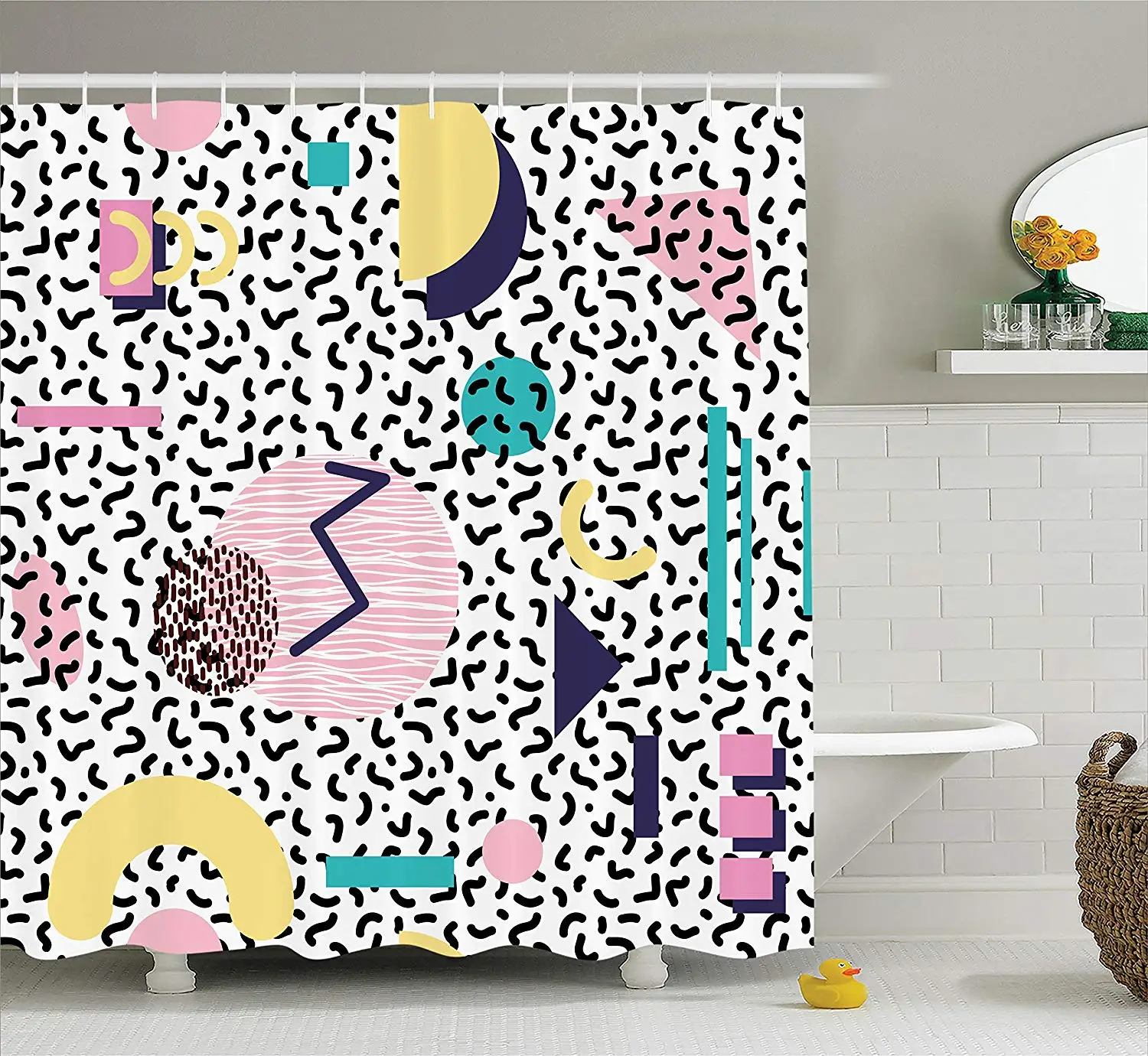 90s занавеска для душа с геометрическим узором в ретро стиле круглой полулуной