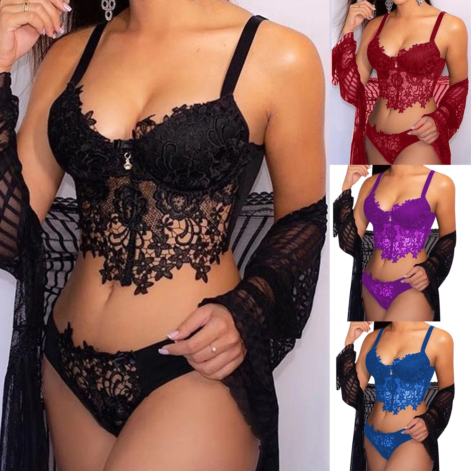 

Женский комплект нижнего белья размера плюс, кружевной бюстгальтер с вышивкой, сексуальное нижнее белье, комплект стрингов, порно, комбинац...