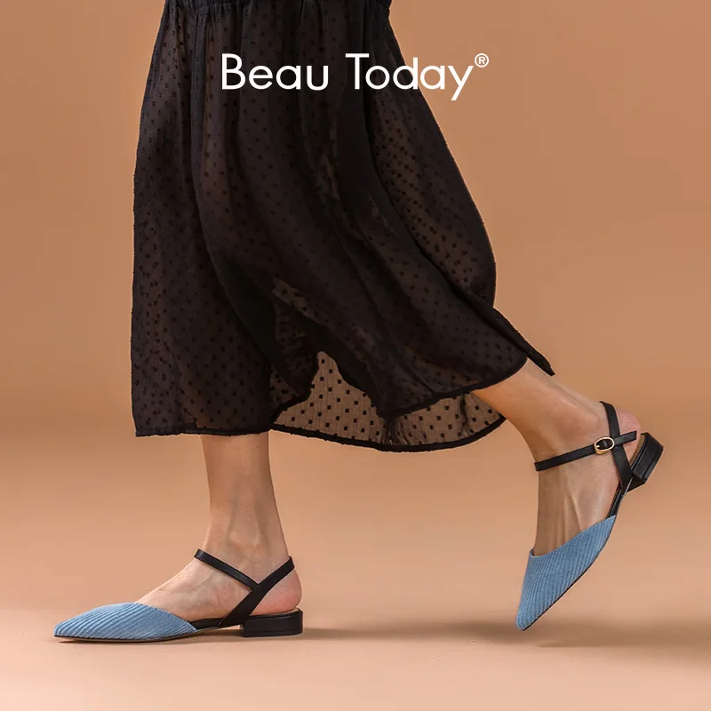 Женские вельветовые сандалии BeauToday из натуральной бычьей кожи на плоской подошве