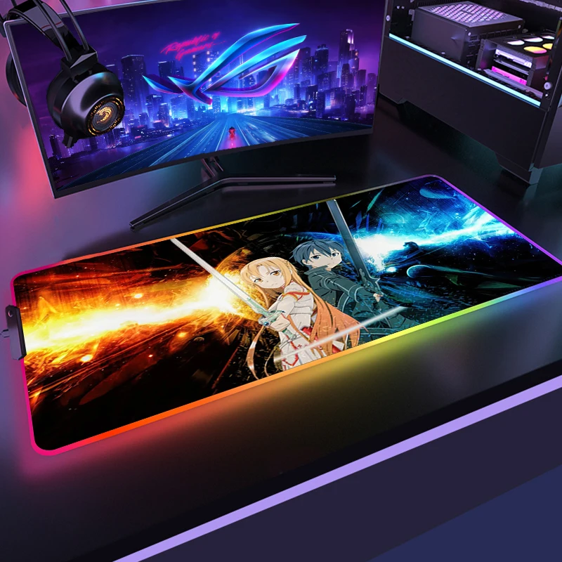 

Anime Sword Art Online Gaming RGB Mouse Pad for Mause Mat Pc Gamer Complete Mousepad Speed Laptop Accessories LED Light Deskmat
