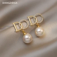classic alphabetic looped pearl pendant earrings for women 2021 korean fashion jewelry party girls elegant unusual earrings