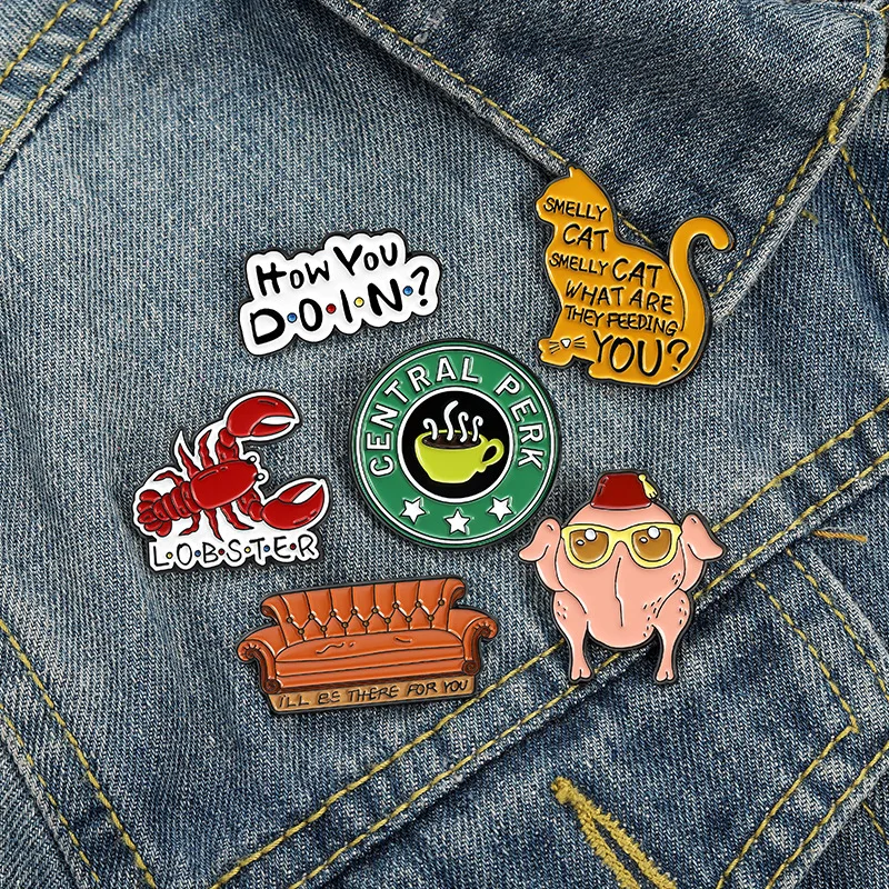 

Cartoon Cute Animal Cat Lobster Turkey Enamel Brooch Round Coffee Sofa Letter Alloy Pins Badge Clothes Accessories Woman Jewelry