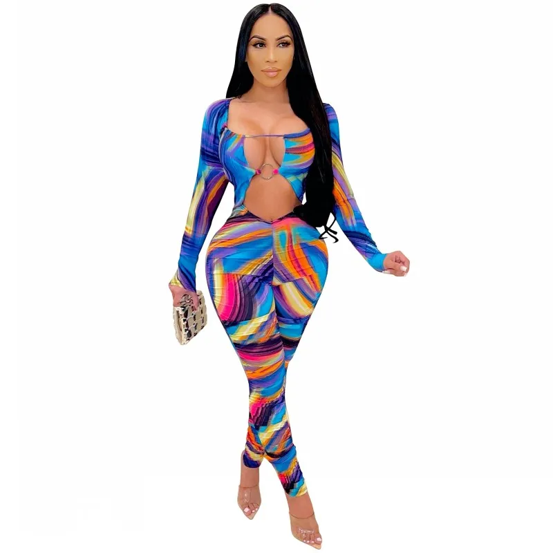 

Женский драпированный комбинезон, облегающие комбинезоны с длинным рукавом и вырезами, модная Клубная одежда в уличном стиле с принтом, ком...