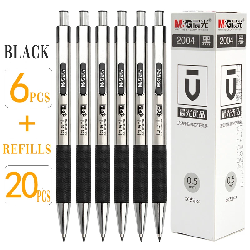 

M&G 12pcs/lot Metal Gel Pen 0.5mm netural Pens with Gel ink Pen writes refill for school black blue red