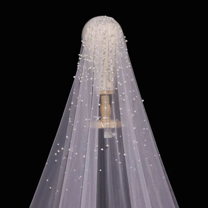 3M Long Pearls Wedding Veil Tulle 1T White Bridal Elegant Luxurious Beaded Bride Ivory Party Veils With Comb | Свадьбы и торжества