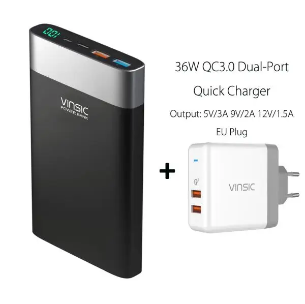 with two portS QC3.0 Vinsic 20000 мАч Быстрая зарядка QC3.0 внешний аккумулятор Двойной USB внешний аккумулятор для iPhone X samsung S9 Xiaomi Mi8 - Цвет: with two portS QC3.0