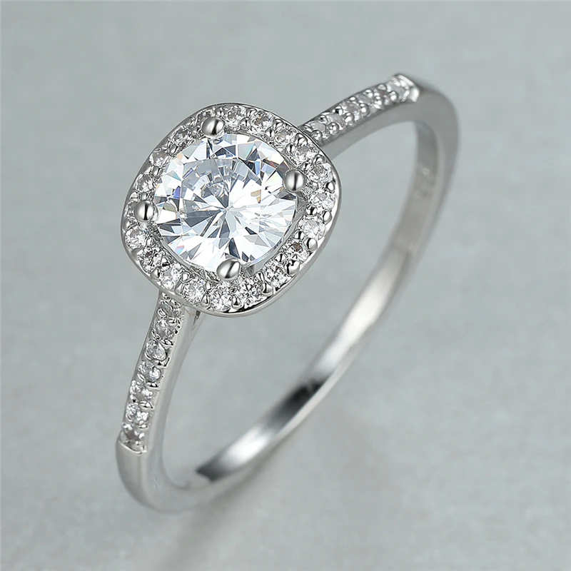 

Luxury Female White Crystal Stone Ring Charm Silver Color Thin Engagement Ring Cute Bridal Round Zircon Wedding Rings For Women