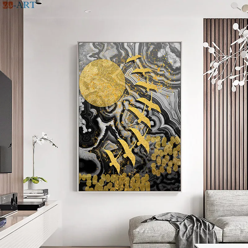 Пейзаж живопись на холсте в виде золотого и черного плакат Мрамор принт