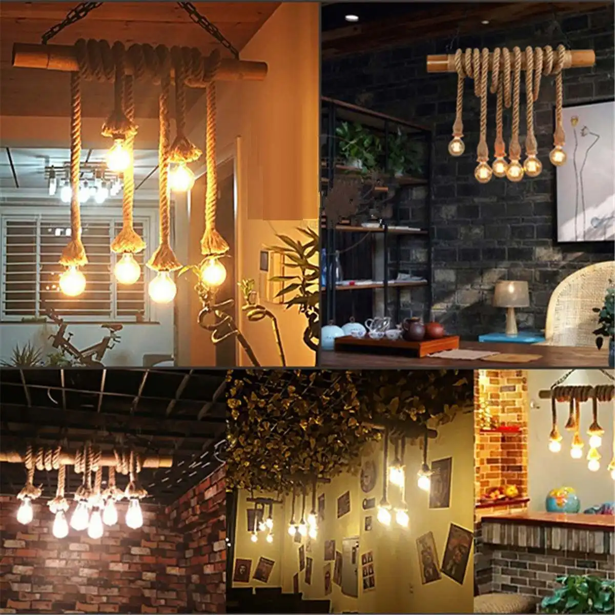 110V-220V 4 Heads Retro Pendant Light Bamboo Hemp Rope Industrial Pendant Lamp Fixture Indoor Lighting Bar Cafe Home Decoration